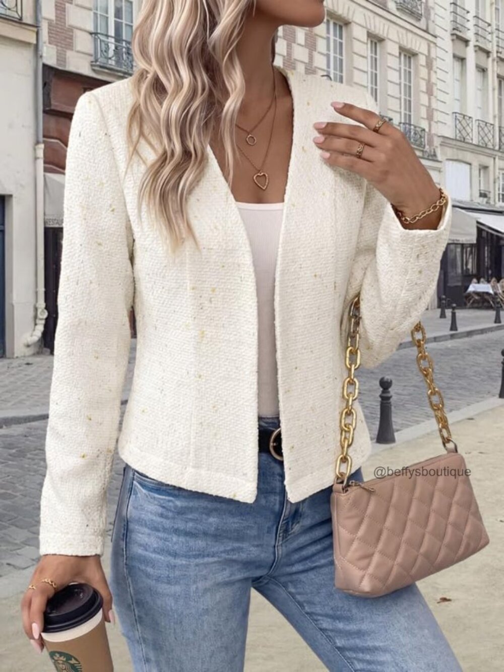 Collarless Open Front Fitted Tweed Blazer Jacket Fully Lined Casual Work Coat - Picture 4 of 6